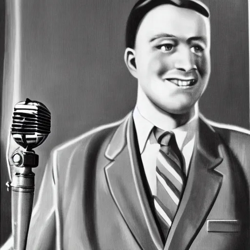 Image similar to A 1940's reporter in a suit with a microphone, photorealistic art, photo,