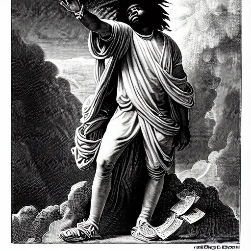 Image similar to cheef keef ascending into heaven holding stacks of cash, biblical image, style of gustave dore, highly detailed, beautiful, high contrast, black and white