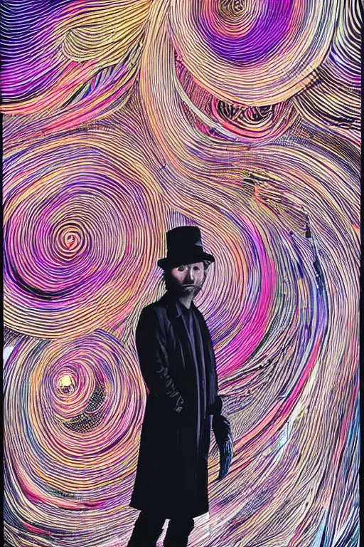 Image similar to A portrait of Thom Yorke as a cyberpunk wearing a bowler hat, iridescent highlights, surrounded by digital swirls, highly detailed, intricate, soft, sci-fi, sharp focus, glowing lines, art by Moebius