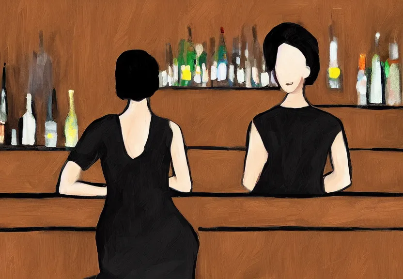 Image similar to a woman wearing a black dress sitting at a bar, digital art