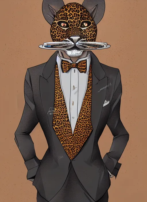 Prompt: commission of a beautiful portrait of a male anthro leopard fursona wearing a dress shirt and bowtie in a futuristic casino. character design by Kinoshita Jiroh, Hyaku. Detailed, soft lighting, rendered in octane
