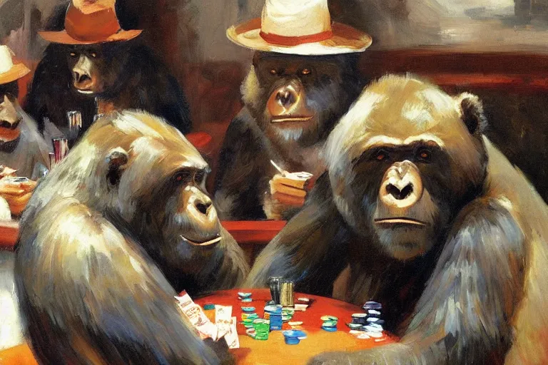 Prompt: 2 animals, gorrila, bear, playing poker highly detailed beautiful, by gregory manchess, james gurney, james jean