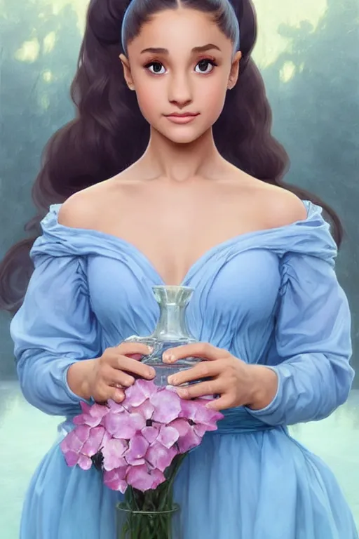 Image similar to beautiful cottagecore Ariana Grande holding a babyblue colored vase. intricate, elegant. the background is babylue !. highly detailed, digital painting, artstation, concept art, smooth, sharp, focus, illustration. . art by artgerm and greg rutkowski and alphonse mucha