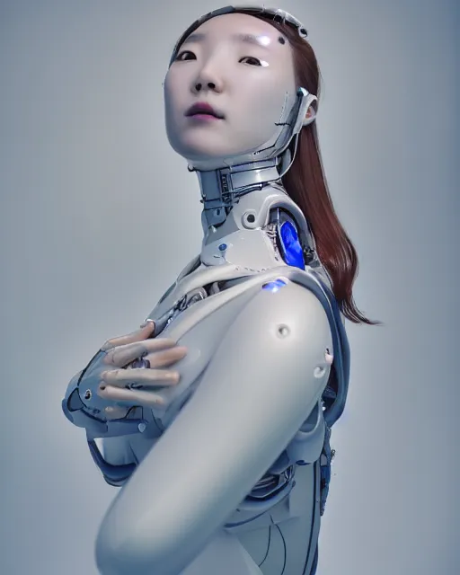 Image similar to beautiful centered fine art photo portrait of hoyeon jung as a solarpunk robotic humanoid, half body above water, white mechanical parts with bright halogen lights, ultra - realistic and detailed, white background, natural lighting, soft focus, slow exposure hdr 8 k