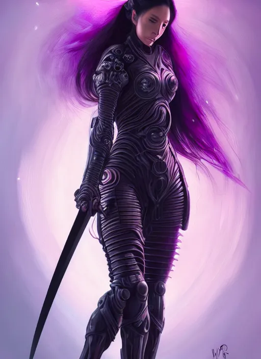 Image similar to portrait of a woman with long black hair in a ponytail, in sci - fi armor, platemail, close fitting, holding a katana made of purple energy, intricate, elegant, glowing lights, highly detailed, digital painting, artstation, concept art, smooth, sharp focus, illustration, art by wlop, mars ravelo and greg rutkowski