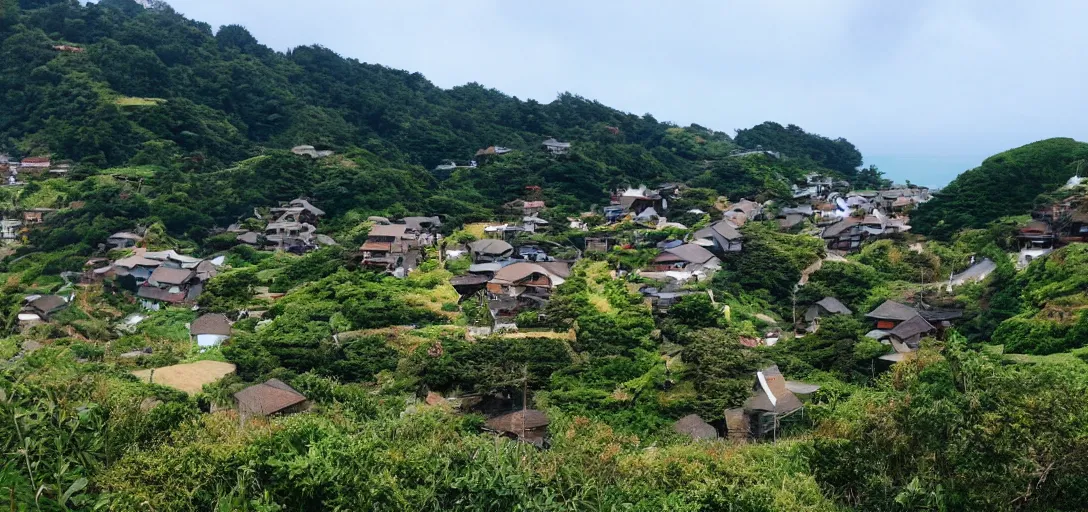 Image similar to studio ghibli hilly countryside and ocean