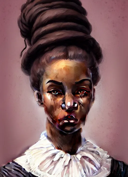 Image similar to a portrait of a young black woman with a crooked nose in victorian clothing, confident pose, intricate, elegant, sharp focus, illustration, highly detailed, concept art, matte, trending on artstation, anime, art by james jean and artgerm and brian despain and alberto mielgo, greg rutkowski, wlop, ilya kuvshinov, strong strokes