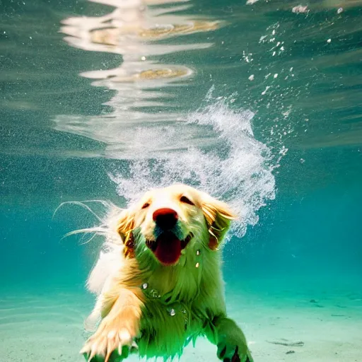 Prompt: underwater, close-up, portrait of a golden retriever trying to catch a tennis ball; day time; flash photography