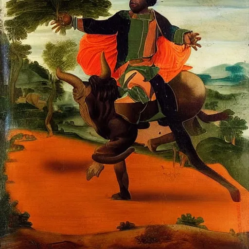 Image similar to photograph of a black man with afro hair wearing an army green adidas jacket riding an orange colored bull!!, renaissance style painting