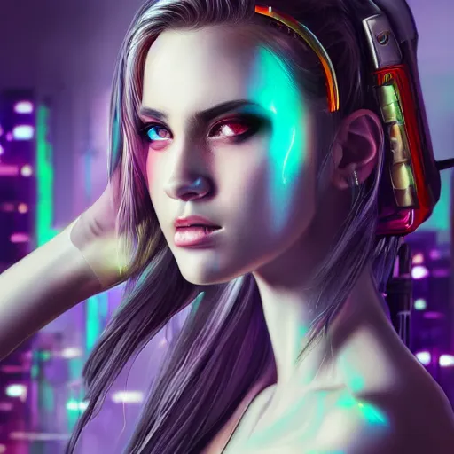 Image similar to a hyperrealistic painting of a beautiful girl, cyberpunk, highly detailed, sharp focus, synthwave