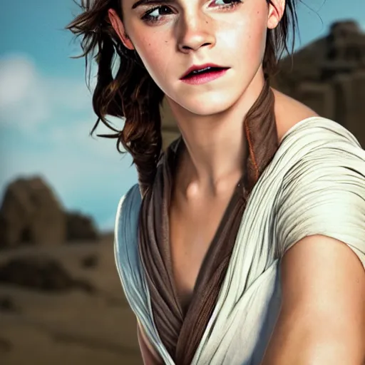 Prompt: Emma Watson modeling as Rey in Star Wars, (EOS 5DS R, ISO100, f/8, 1/125, 84mm, postprocessed, crisp face, facial features, principles of design)