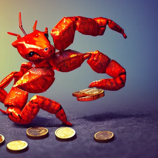 Image similar to photography of a realistic a very detailed red scorpion with yellow tail on top of cryptocurrency coins of different colors, some gems, a few diamonds animal, ultra detailed, 8 k, cinematic lighting, natural background, trending on artstation, pokemon