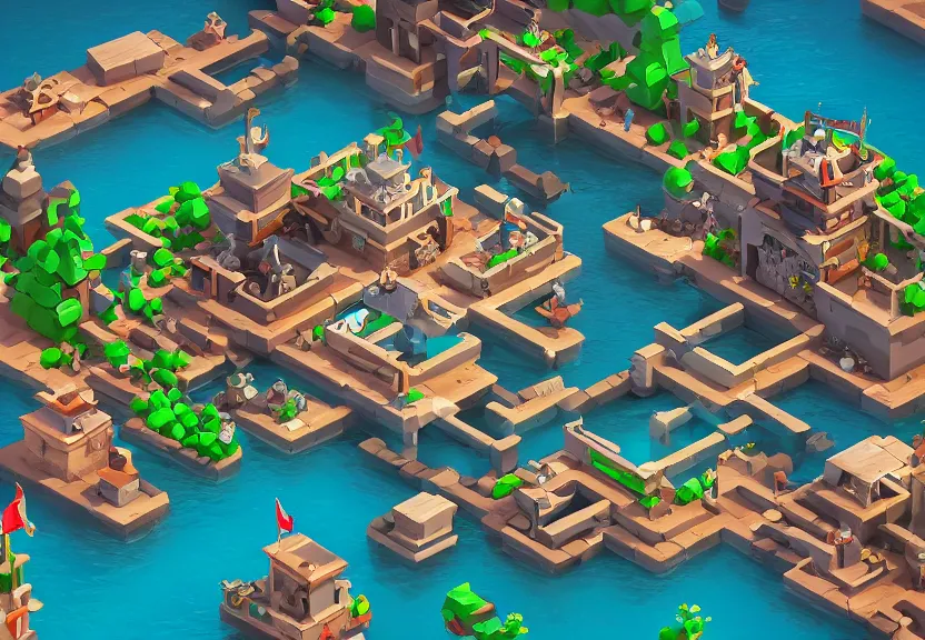 Image similar to isometric chubby 3 d game level, based on pirate kings, with detailed, clean, cartoon, octane render, unreal engine, artgerm, artstation