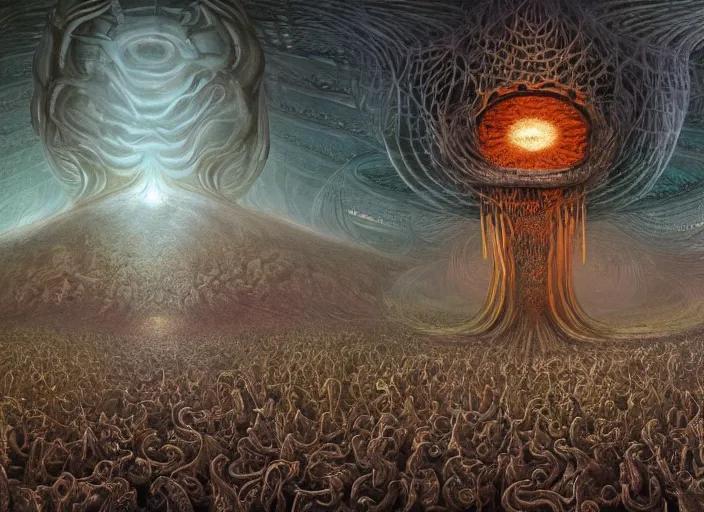 Image similar to acid trip of the fractal end of the world by giger and vladimir kush, crowd of people in the center, big tentacle in bottom right, au naturel, hyper detailed, digital art, trending in artstation, cinematic lighting, studio quality, smooth render, octane rendered...