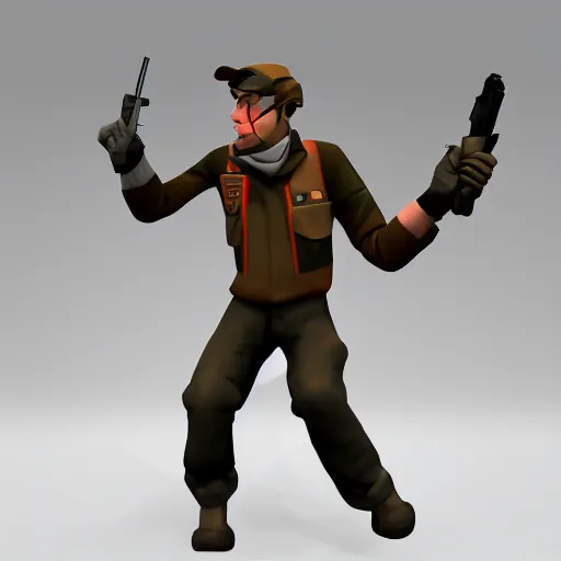 Image similar to the scout from tf 2 running with a gun in his hand, polycount, dada, dynamic pose, sabattier effect, rtx