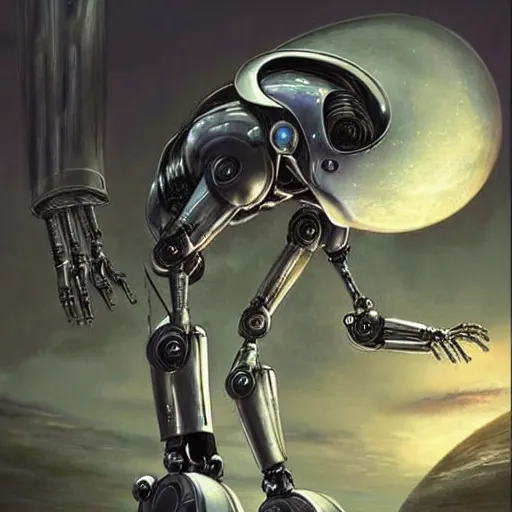 Prompt: an alien building a robot, sci-fi art, must be like the picture of the day, masterpiece, epic, stunning, gorgeous