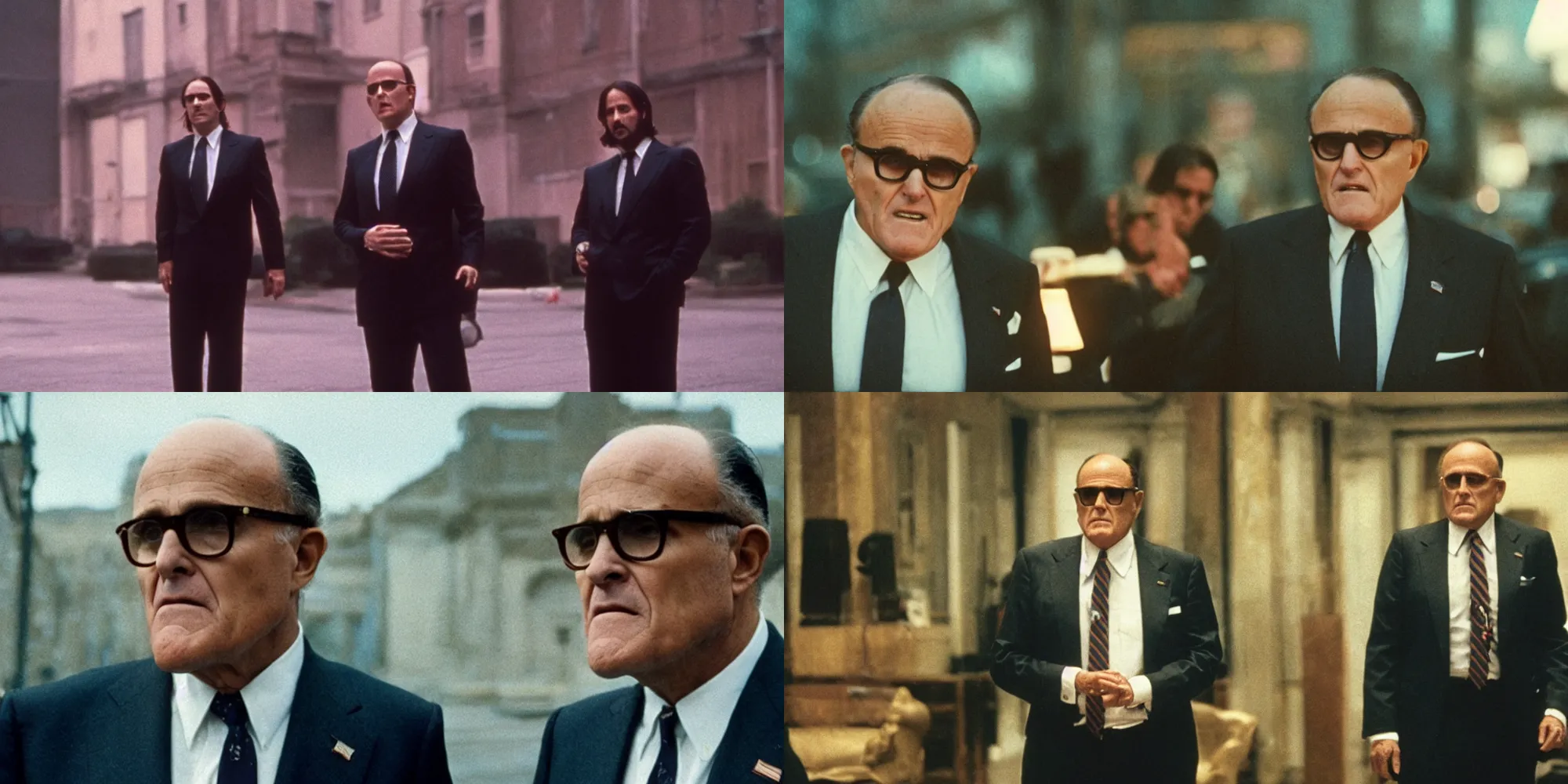 Prompt: rudy giuliani in john wick shootout directed by wes anderson, cinestill 8 0 0 t, 1 9 8 0 s movie still, film grain