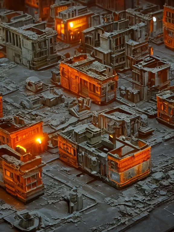 Prompt: mega detailed miniature voxel diorama abandoned labolatory, cold war era, brutalism architecture, suburban, hard lights are on in the windows, dark night, fog, winter, blizzard, uncozy and dark atmosphere, row of street lamps with cold orange light, several ruins nearby, 1 9 6 0