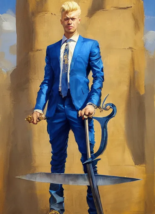 Image similar to greg manchess portrait painting of a blond man in a blue suit with a big sword, asymmetrical, profile picture, organic painting, sunny day, matte painting, bold shapes, hard edges, street art, trending on artstation, by huang guangjian, gil elvgren, ruan jia, randy vargas, greg rutkowski