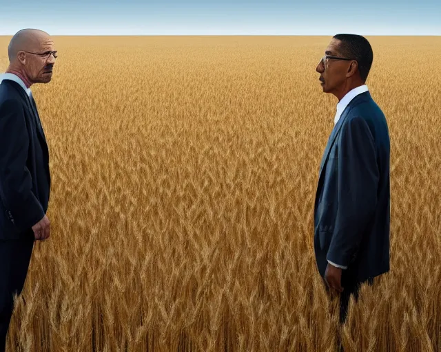 Image similar to extreme long shot of walter white and gustavo fring stand facing each other from a distance in a wheat field, low angle, side view, 8 5 mm photograph, 8 k resolution, wide shot, sharp lens, high detail, cinematic