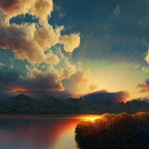 Image similar to peaceful puffy cloud with sunset in the background, matte painting, trending on artstation, artstationHQ, unreal engine, 4k, 8k, anime style