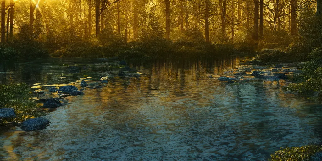 Image similar to a river in a forest, golden hour, ray tracing reflection, 8k, hyper realistic, elegant, highly detailed, ornate, beautifully lit, ray traced, octane render