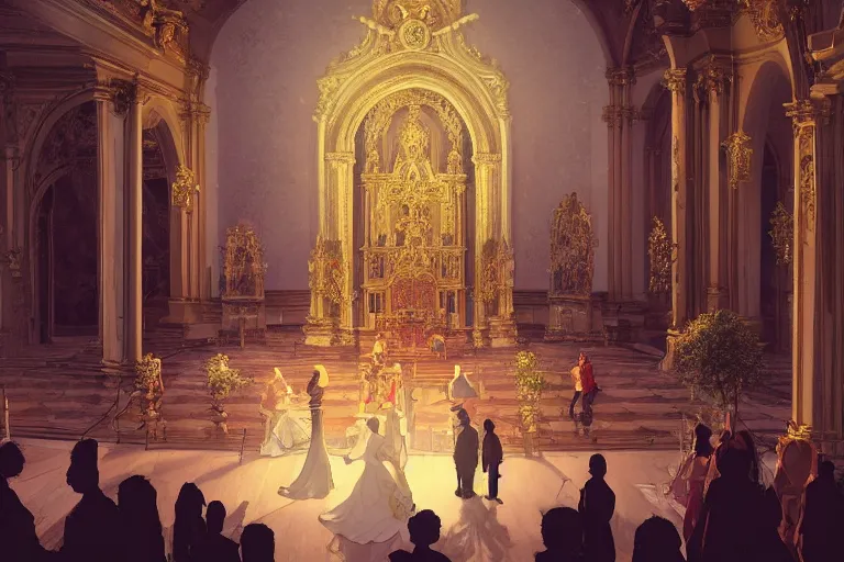 Prompt: an ornate baroque church, wedding party in front, scene in an open field. key visual, conceptart, ambient lighting, highly detailed, digital painting, artstation, concept art, sharp focus, by makoto shinkai and akihiko yoshida and greg manchess