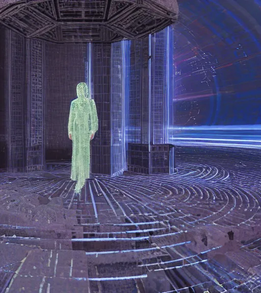 Image similar to selfie of tarkovsky greatest scene, hologram of the ancient destroyed majestic tower of babylon, a woman in futuristic cyber clothing, transparent puffer jacket, hyperealistic, blockchain, cyber world, ambient lighting, concept art, intricate, hyperdetailed, smooth, dynamic volumetric lighting, ocatane render, ray trace, cinematic, high quality, cgsociety