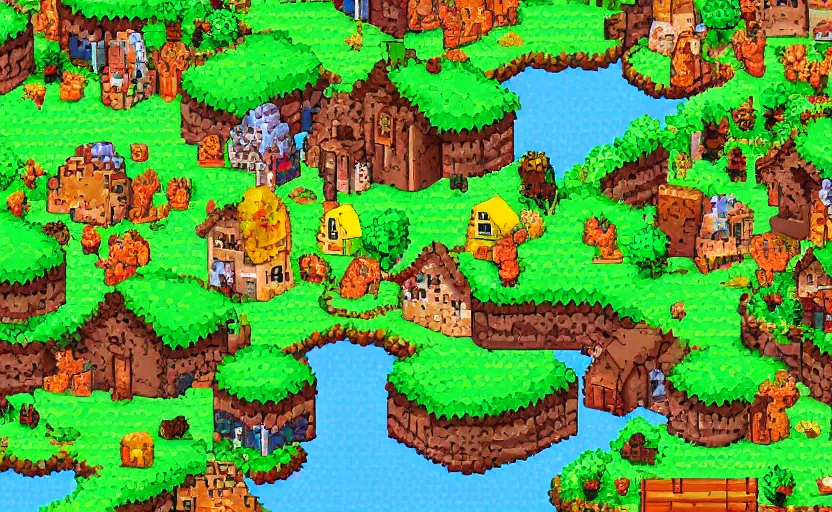 Prompt: a small village in a valley, villagers busy farming, a dragon approaching from a distance, pixel art