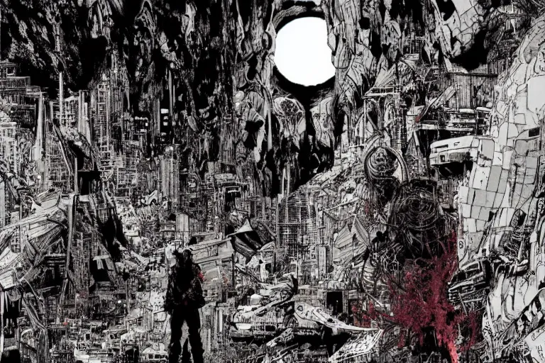 Image similar to no man's land, remnants of the human civilization, post-apocalyspe, a color illustration by Tsutomu Nihei and Katsuhiro Otomo