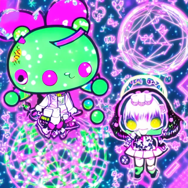 Image similar to cybergoth decora glitchcore yokai girl, sanrio tamagotchi moe ornaments, pastel cute cinematography