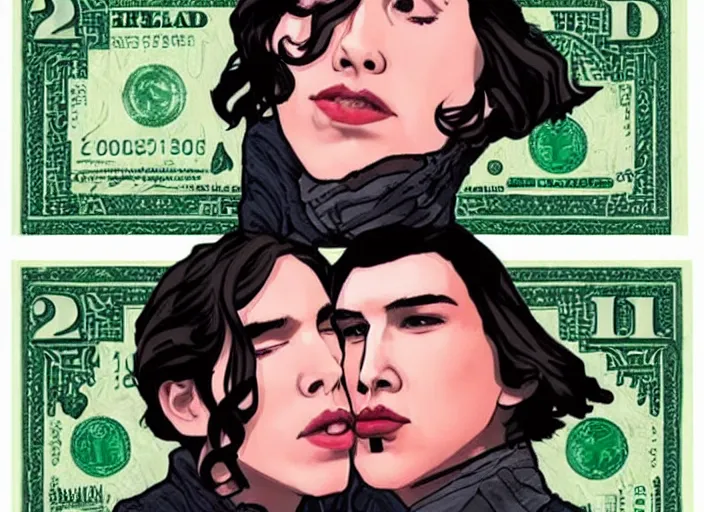 Image similar to reylo kissing, green american dollar bill!!!, rey and kylo ren