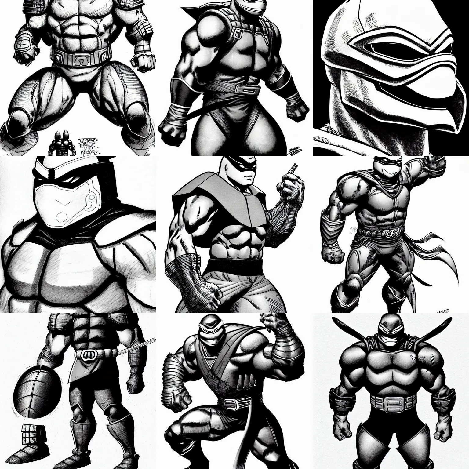 Prompt: anthropomorphic ninja turtle!!! jim lee!!! sideview full shot!! flat ink sketch grayscale by jim lee close up in the style of jim lee, ( attention pose ) cyborg! battle armor rugged knight hulk turtle animal superhero by jim lee