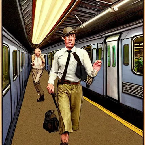 Image similar to mr ed runnning to catch the nyc subway, frantic, wearing a suit, style of norman rockwell, style of richard corben, ultra detailed, 8 k, rule of thirds, cinematic lighting.