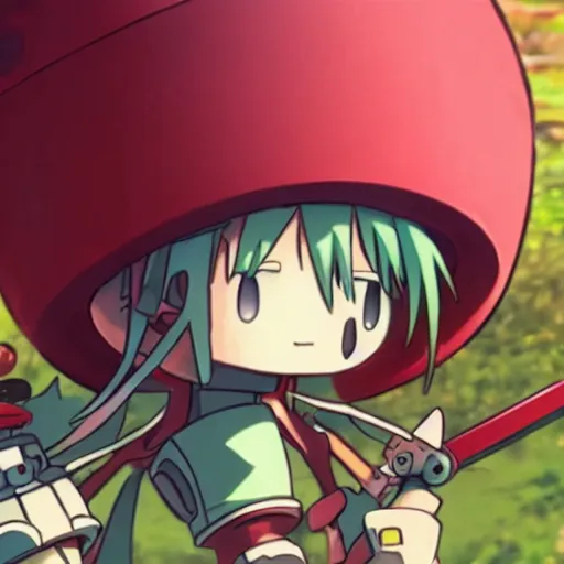 Prompt: cute robot with big tomato hat and a chive sword, made in abyss style