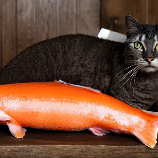 Image similar to a photograph of a salmon on top of a cat with a saddle