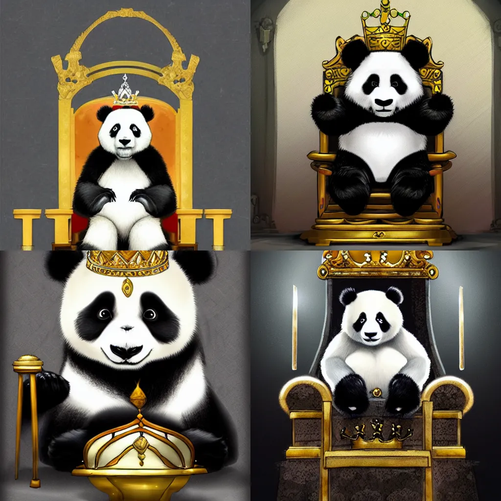 Prompt: Panda with a crown in a throne room, Artstation