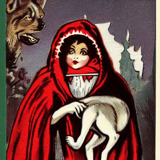 Image similar to little red riding hood wearing a luxurious fur coat with a wolf head hood, vintage Halloween postcard