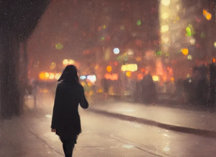 Prompt: detailed portrait of a woman in the city street at night, bokeh, long exposure, painting by jeremy lipking christopher doyle