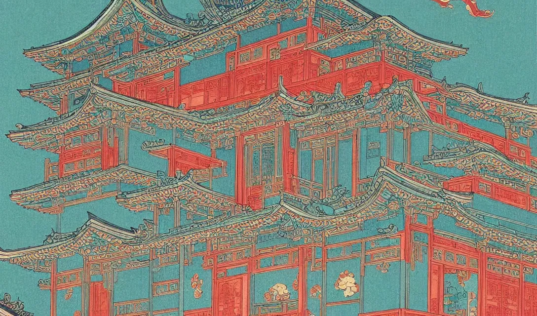 Prompt: symmetry!! a gorgeous chinese palace in dust, illustration, in the style of ukiyoe, vivid color