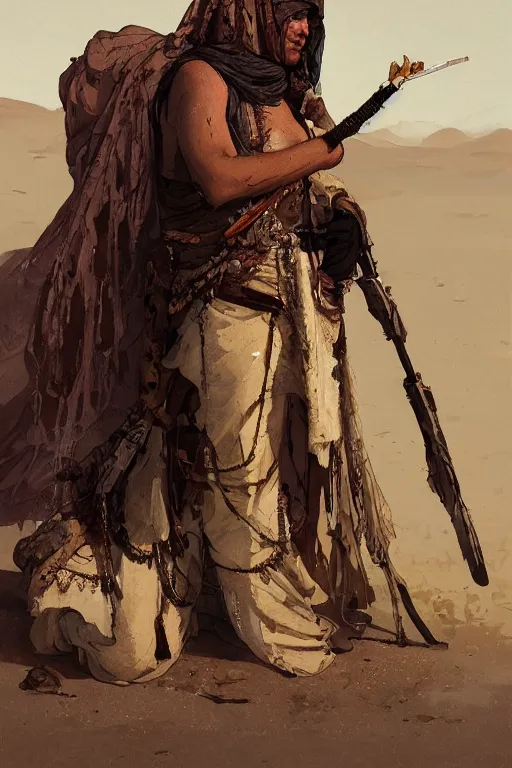 Image similar to a full body portrait of a beautiful post apocalyptic offworld desert bedouin blind barbarian leper laying by the roadside, intricate, elegant, highly detailed, digital painting, artstation, concept art, smooth, sharp focus, illustration, art by krenz cushart and artem demura and alphonse mucha