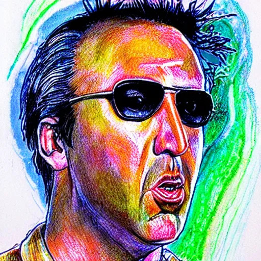 Image similar to Nicholas Cage in Fear and Loathing in Las Vegas, detailed ballpoint drawing with water color background