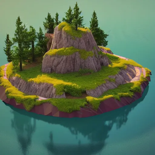 Image similar to a floating island with lago di sorapis landscape on an aquatic environment isometric art, low poly art, game art, artstation, 3D render, high detail, cgsociety, octane render, sharp focus