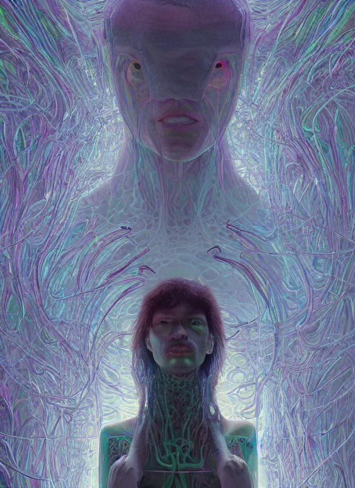 Image similar to A wall made out of eyes, flat, neon, RGB, glowing wires everywhere, pristine, by Edgar Maxence and Ross Tran, Zdzisław Beksiński, and Michael Whelan, gustav dore, H.R. Giger, 8k, octane render