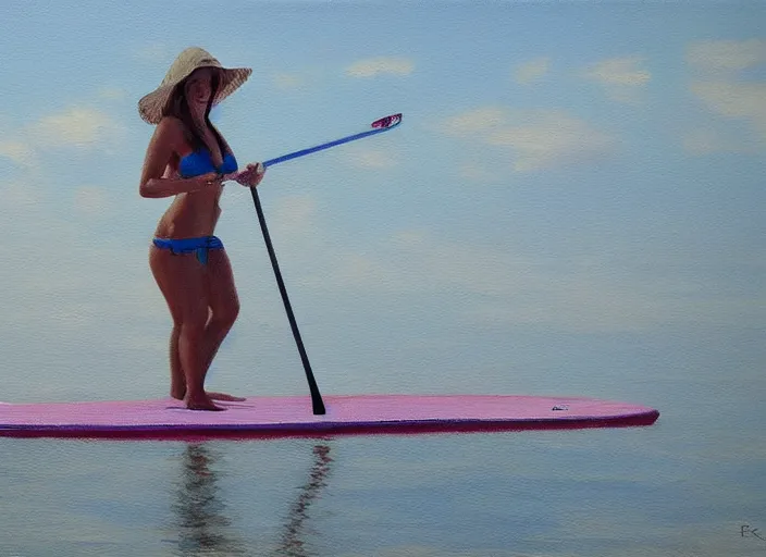 Prompt: painting of a swedish women on a sup wearing a bikini, by bruno liljefors