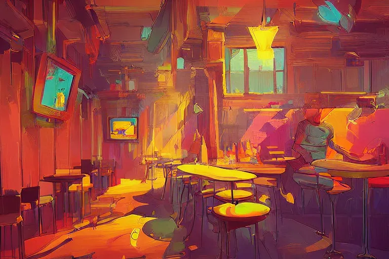 Image similar to a digital art of a cat sits on a chair in a bar in the afternoon, the sun shines in, animal, light effect, highly detailed, by anton fadeev