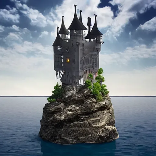 Prompt: futuristic medieval castle on a floating rock above the ground