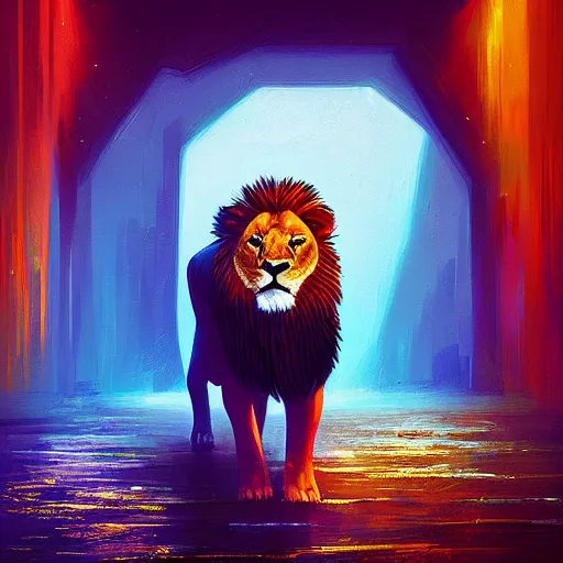 Prompt: lion, pedro correa, alena aenami