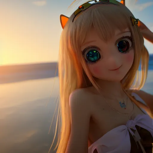 Image similar to Render of a very beautiful 3d anime girl, long hair, hazel eyes, cute freckles, full round face, cat ears, short smile, cute sundress, golden hour, serene beach setting, medium shot, mid-shot, highly detailed, trending on Artstation, Unreal Engine 4k