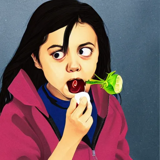 Prompt: young vampire aubrey plaza eating a clove of garlic, art by sam yang